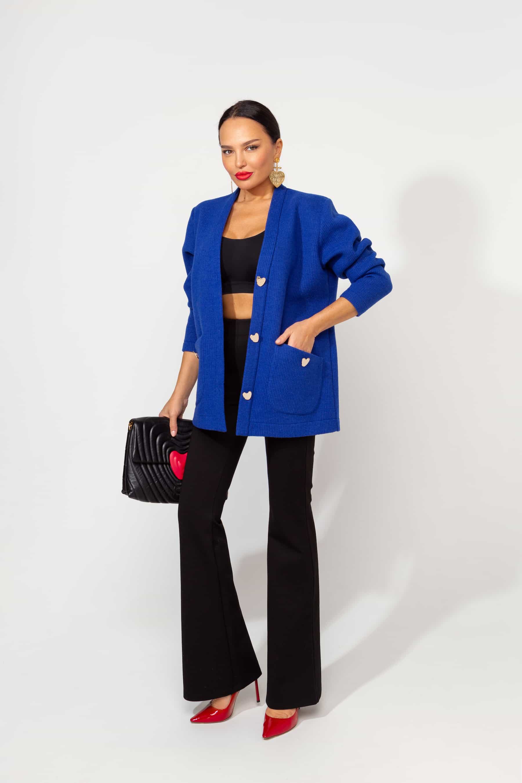 Electric blue cardigan with gold buttons